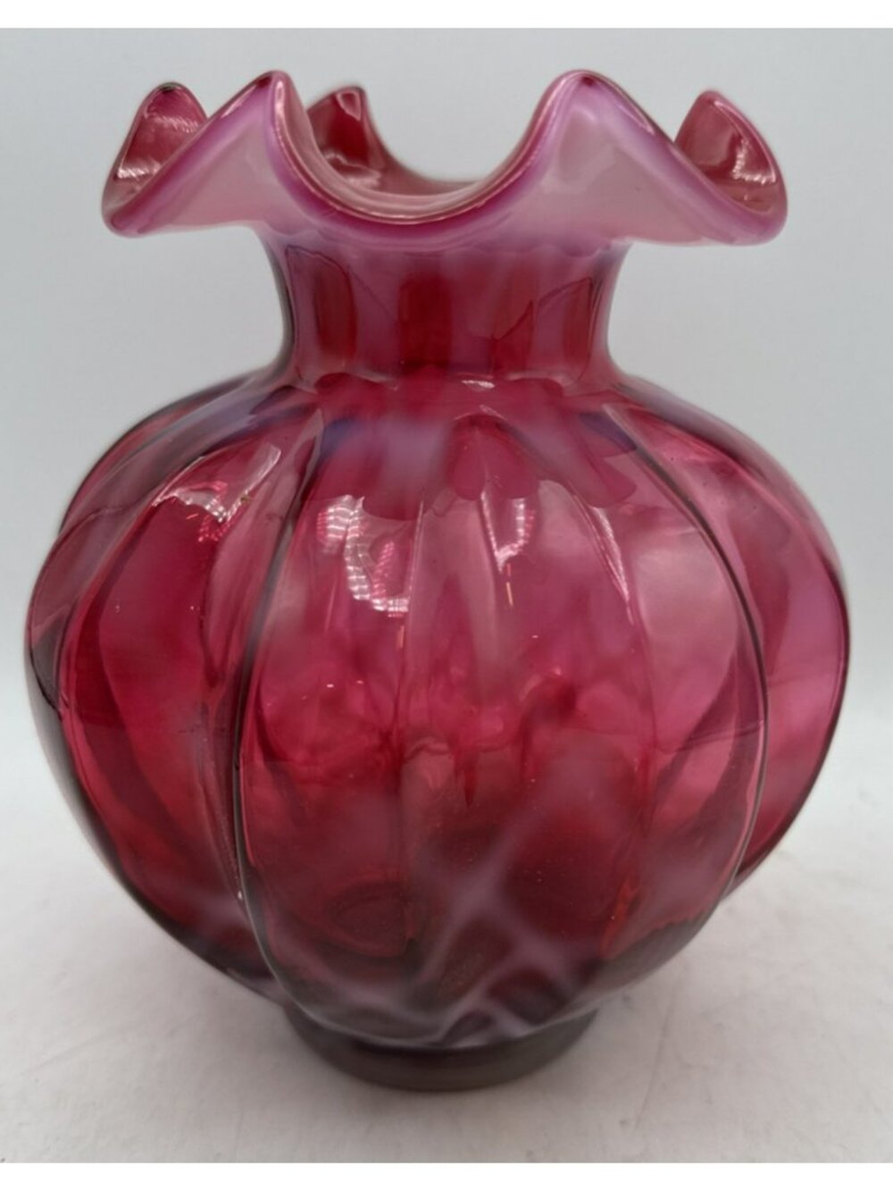 Fenton Diamond Optic Lattice Vase  Country Cranberry Opalescent Glass Vintage